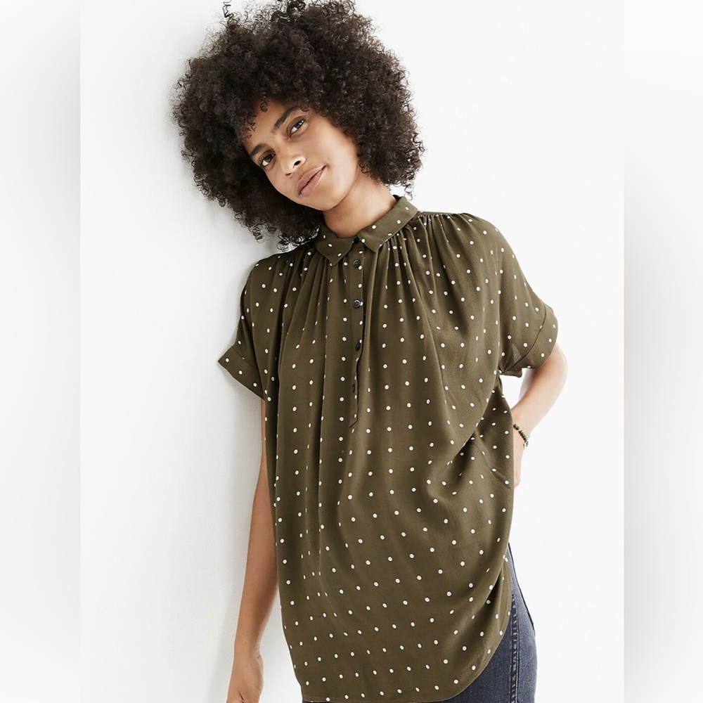 Madewell central drapey popover shirt grid dot olive green size S